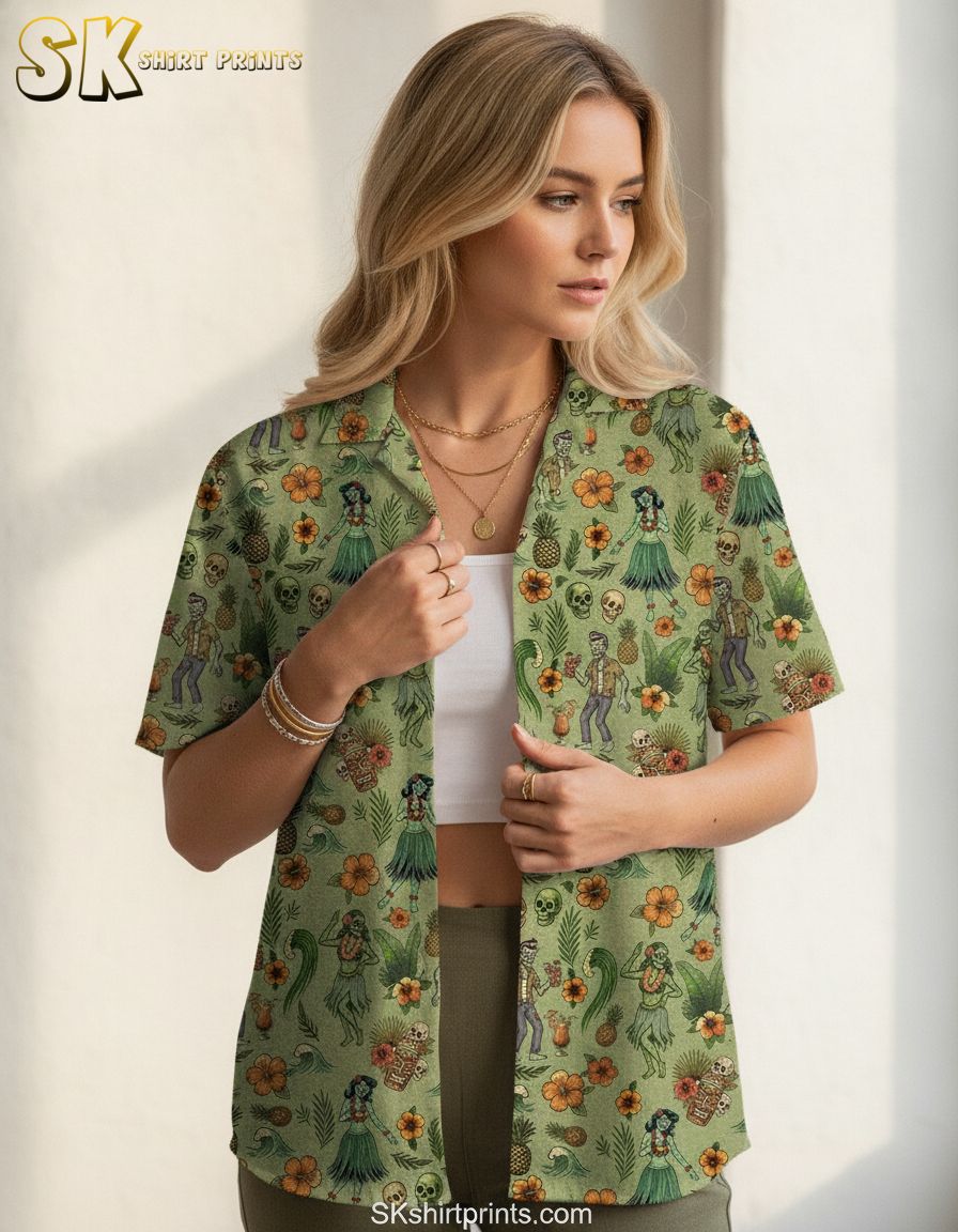 Boba Fett Hawaiian shirt with all-over print of tiki statues, hula dancers, skulls, tropical flowers, and pineapples on light green