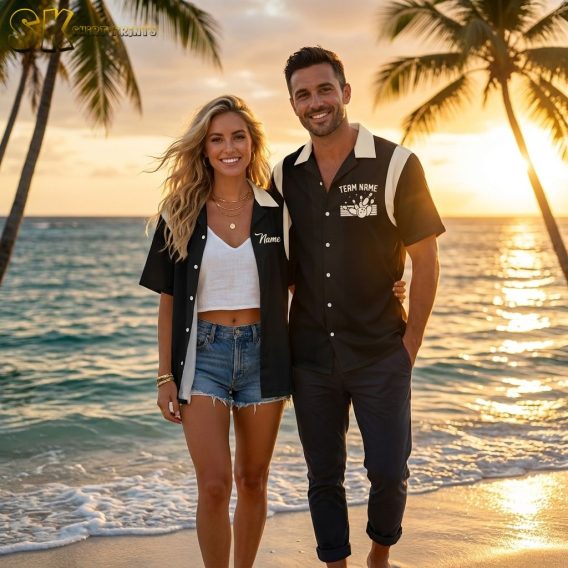 Couple wearing bowling custom shirts in different colour variants photographed during golden hour, showing full collection colour options with bowling graphic design