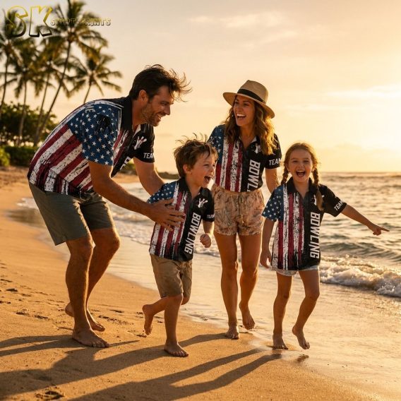 Family wearing matching bowling Hawaiian shirts with American flag grunge pattern, red and white stripes, blue star section, and bowling graphic, photographed on a golden beach at cinematic hour