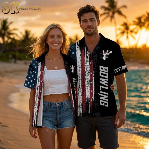 Couple wearing bowling Hawaiian shirts with American flag grunge design featuring red and white stripes, blue star panel, and bowling graphic, photographed during golden hour