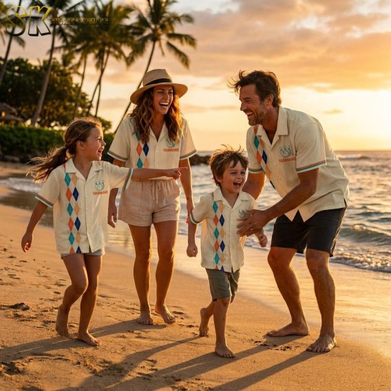 Family wearing matching bowling Hawaiian shirts with argyle diamond patterns in blue, orange, and beige photographed at golden hour on a beach