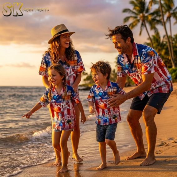 Family wearing matching bowling Hawaiian shirts on a beach at golden hour, each shirt printed with bowling pins and balls over a red and blue American flag-inspired background with stars, stripes, and flames