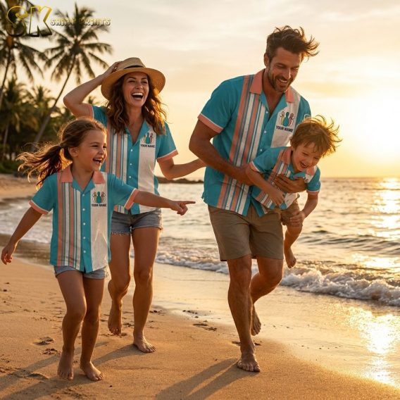 Family wearing matching bowling Hawaiian shirts with teal, orange, and off-white vertical stripes and retro bowling pin front graphics, photographed in a cinematic golden beach setting with warm light.