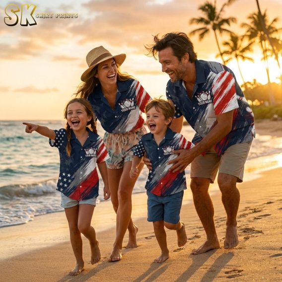 Family wearing matching bowling Hawaiian shirts with red, white, and blue stars and stripes and bowling ball and pins design, photographed in cinematic golden beach lighting
