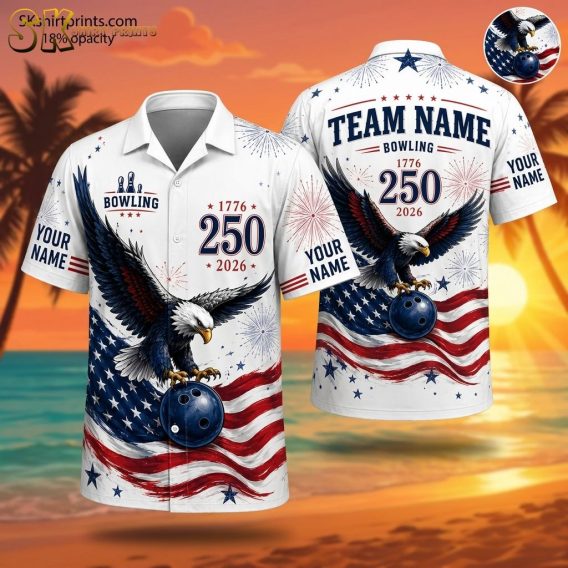 Custom bowling shirt designer template featuring an eagle holding a bowling ball, American flag background with red, white, and blue colors, fireworks, stars, and personalized team name and player name fields.