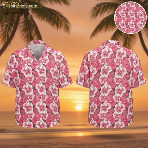 Bright pink Hawaiian shirt featuring pink hibiscus flowers with white accents and dark green leaves