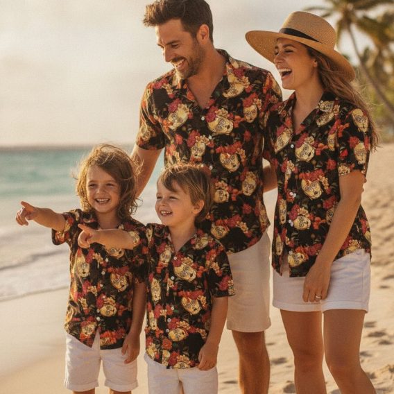 Button down Star Wars shirt with yellow robot skull and red, pink, and yellow floral Hawaiian print on black