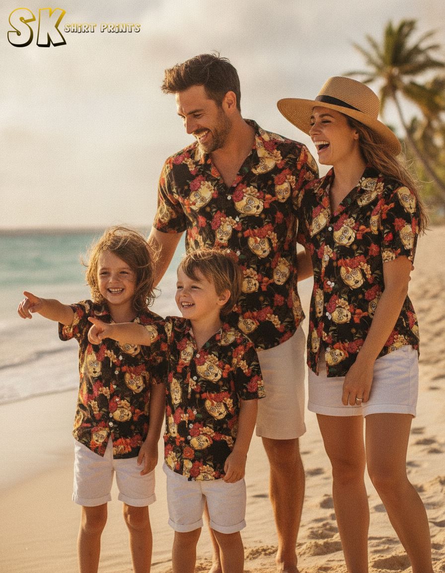 Button down Star Wars shirt with yellow robot skull and red, pink, and yellow floral Hawaiian print on black