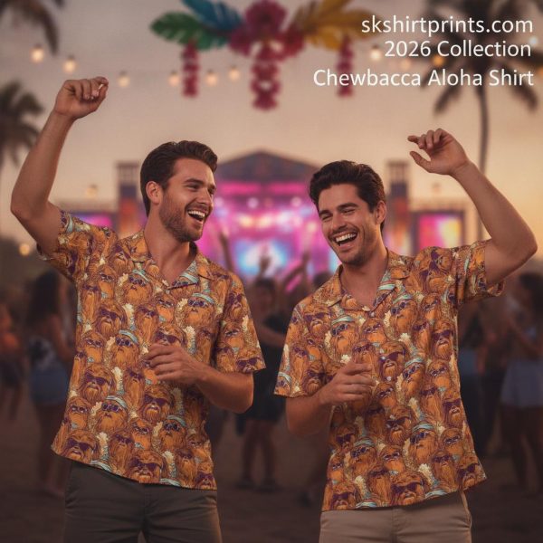 Chewbacca aloha shirt with all-over Star Wars tropical print design — men's Hawaiian shirt for beach and vacation