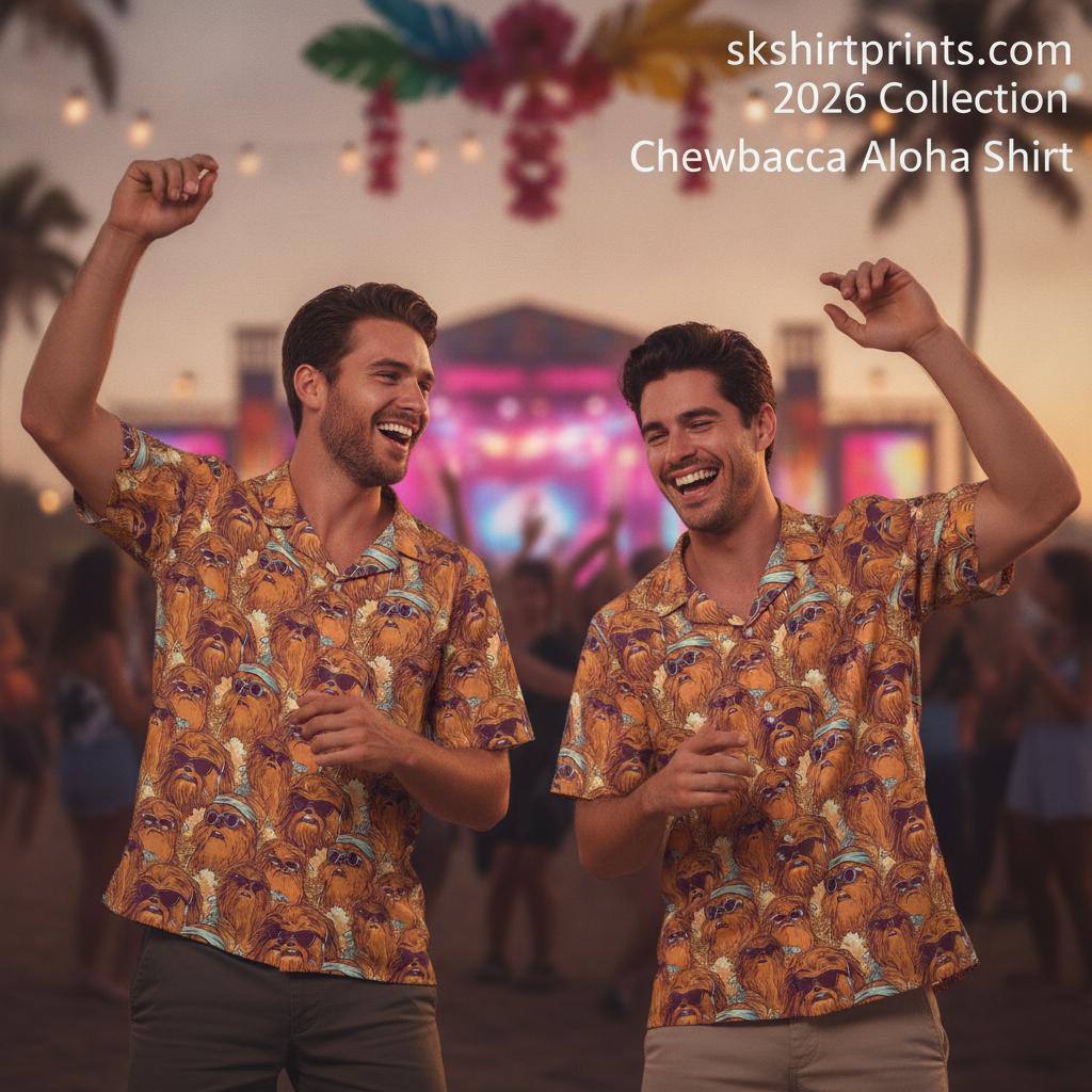 Chewbacca aloha shirt with all-over Star Wars tropical print design — men's Hawaiian shirt for beach and vacation