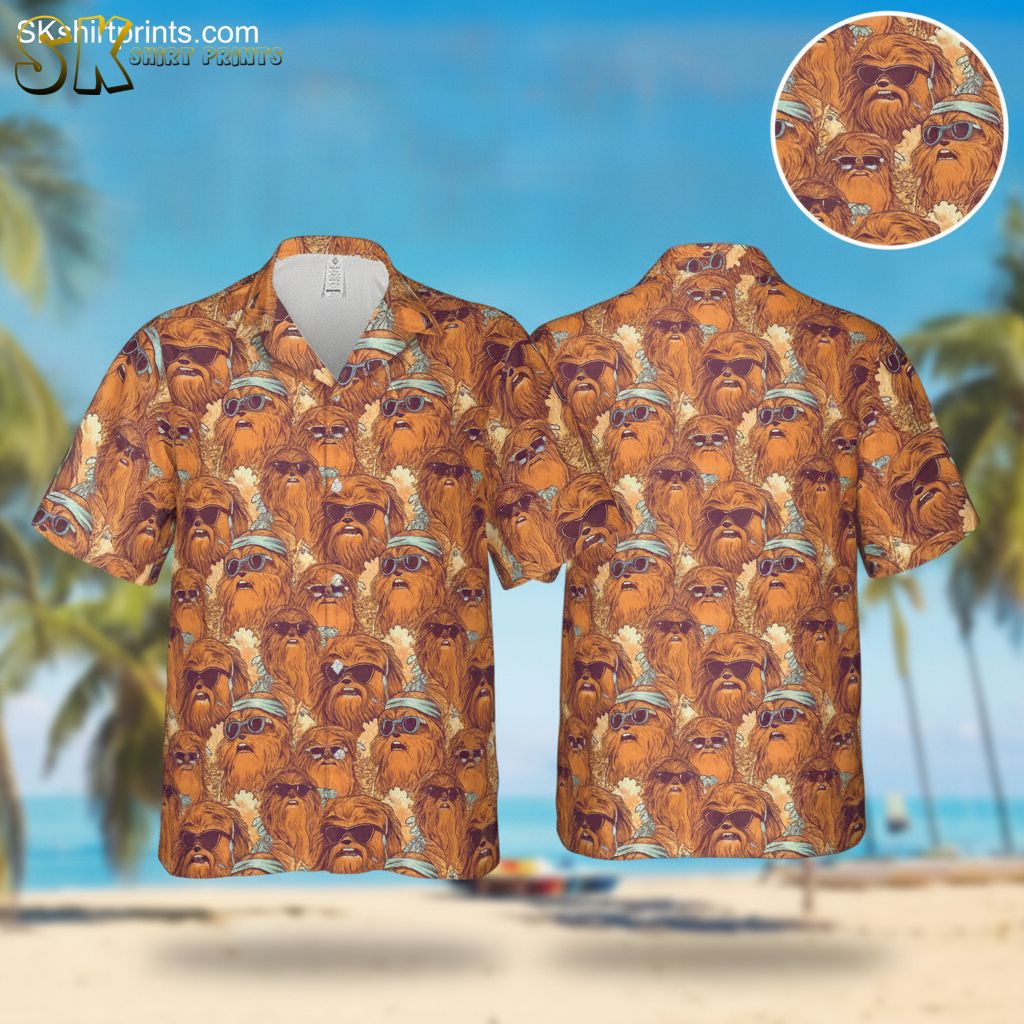 Chewbacca aloha shirt featuring a repeated pattern of a bearded character in sunglasses and a hat in orange, brown, and blue tones