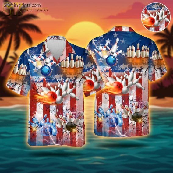 Custom bowling shirt for men featuring bowling pins, bowling balls, red and blue American flag motif with stars, stripes, flames, and lightning bolt details on a Hawaiian-style shirt