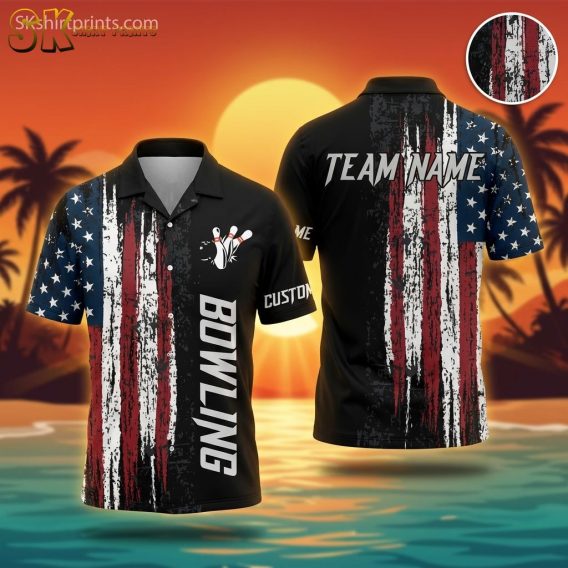 Custom bowling shirt displayed on ghost mannequin featuring an American flag design with blue star field, red and white grunge stripes, and a vertical bowling graphic with the word BOWLING