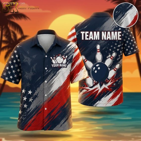 Custom bowling shirt with logo featuring red, white, and blue stars and stripes pattern with bowling ball and pins graphic on a ghost mannequin