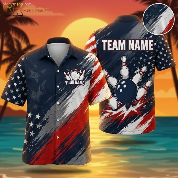 Custom Bowling Shirts with Logo – American Flag Stars & Stripes Hawaiian Bowling Shirt