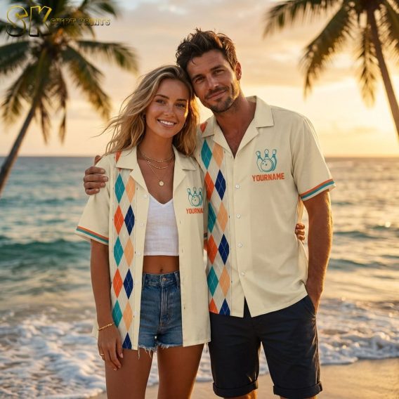 Couple wearing custom Hawaiian bowling shirts with argyle diamond patterns photographed during golden hour in a cinematic outdoor setting