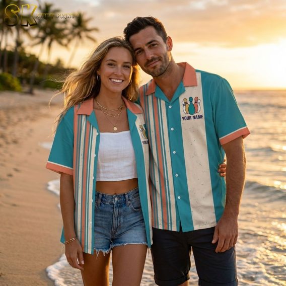 Couple wearing custom Hawaiian bowling shirts in multiple colorways during golden hour, showing the retro bowling pin front graphic and vintage sunset back print with personalized team name and bowling text.