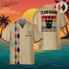 Custom retro bowling shirt displayed on ghost mannequin featuring a vertical argyle diamond pattern in blue, orange, and beige on the left side