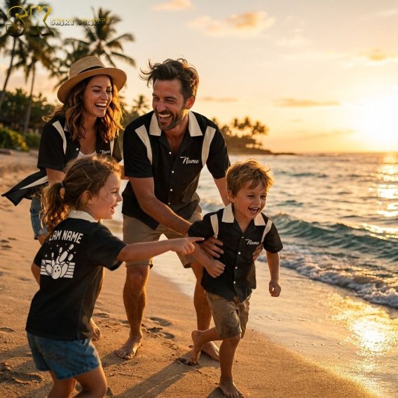 Family wearing matching custom retro bowling shirts on a golden beach setting, showing back graphic of bowling ball and pins with team name and Hawaiian shirt cut