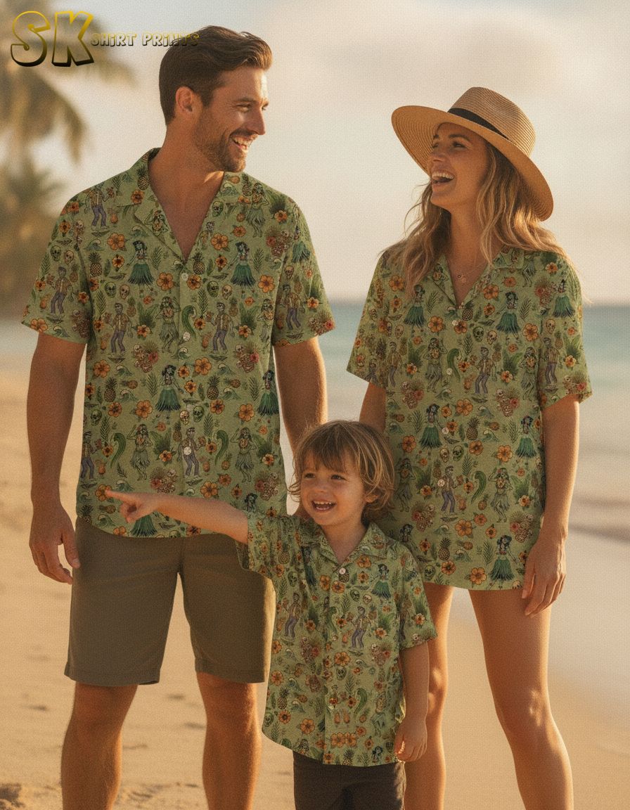 Custom Star Wars shirt with tiki statues, skulls, hula dancers, pineapples, and hibiscus flowers printed on a light green Hawaiian shirt