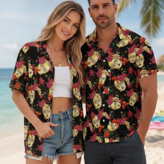 Darth Vader button up shirt in Hawaiian style with yellow robot skulls and red, pink, and yellow floral print on black fabric