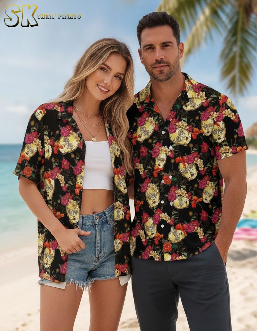 Darth Vader button up shirt in Hawaiian style with yellow robot skulls and red, pink, and yellow floral print on black fabric