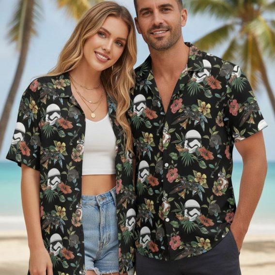 Darth Vader Hawaiian shirt with Vader-style helmet motifs, spacecraft, and hibiscus flowers across a tropical floral print