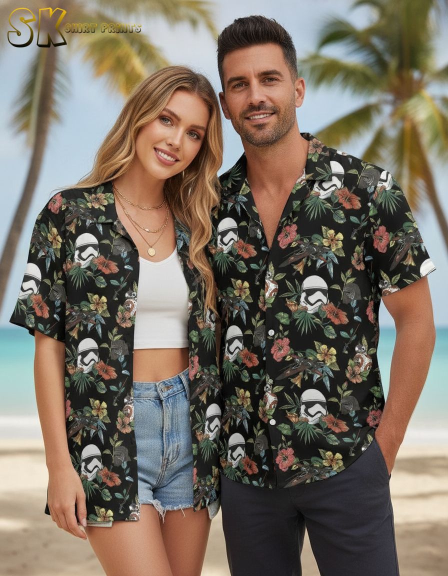 Darth Vader Hawaiian shirt with Vader-style helmet motifs, spacecraft, and hibiscus flowers across a tropical floral print
