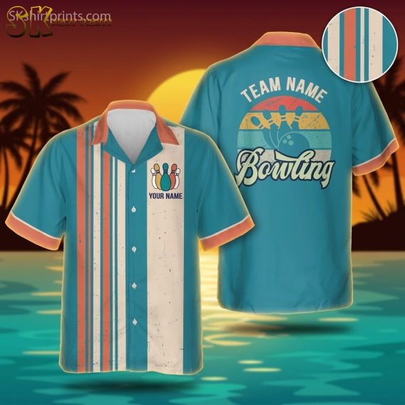 Ghost mannequin view of a custom Hawaiian bowling shirt with teal, orange, and off-white vertical stripes, colorful bowling pin graphic on the front, and a vintage sunset bowling scene with team name and bowling text on the back, salmon collar and cuffs.