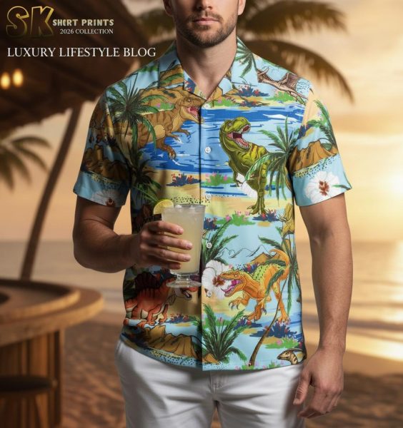 Dinosaur button up shirt for men featuring tropical T-Rex print camp collar Hawaiian style
