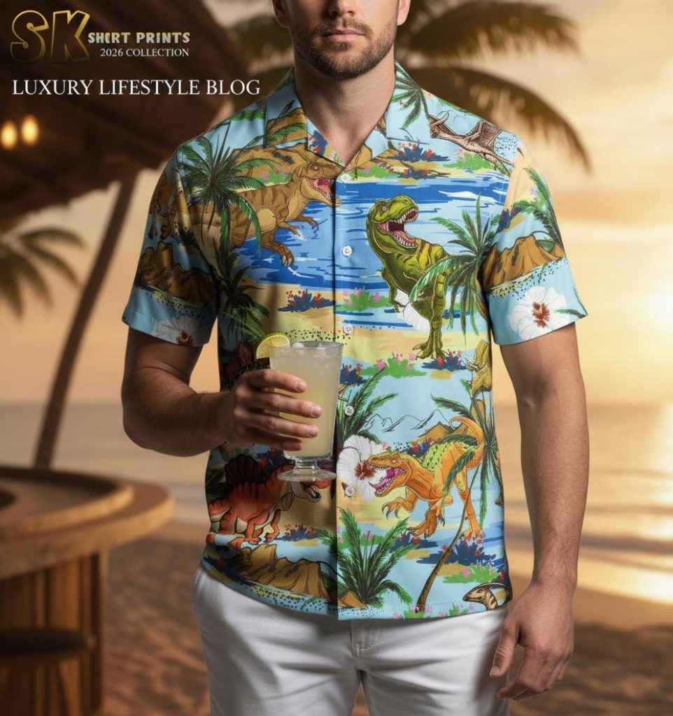 Dinosaur button up shirt for men featuring tropical T-Rex print camp collar Hawaiian style