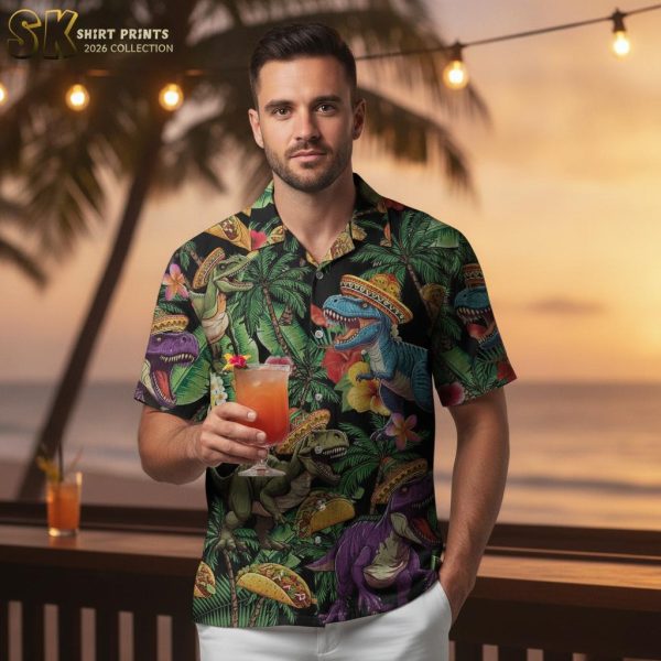 Dinosaur Hawaiian shirt mens button down collection flat lay with tropical and Jurassic prints