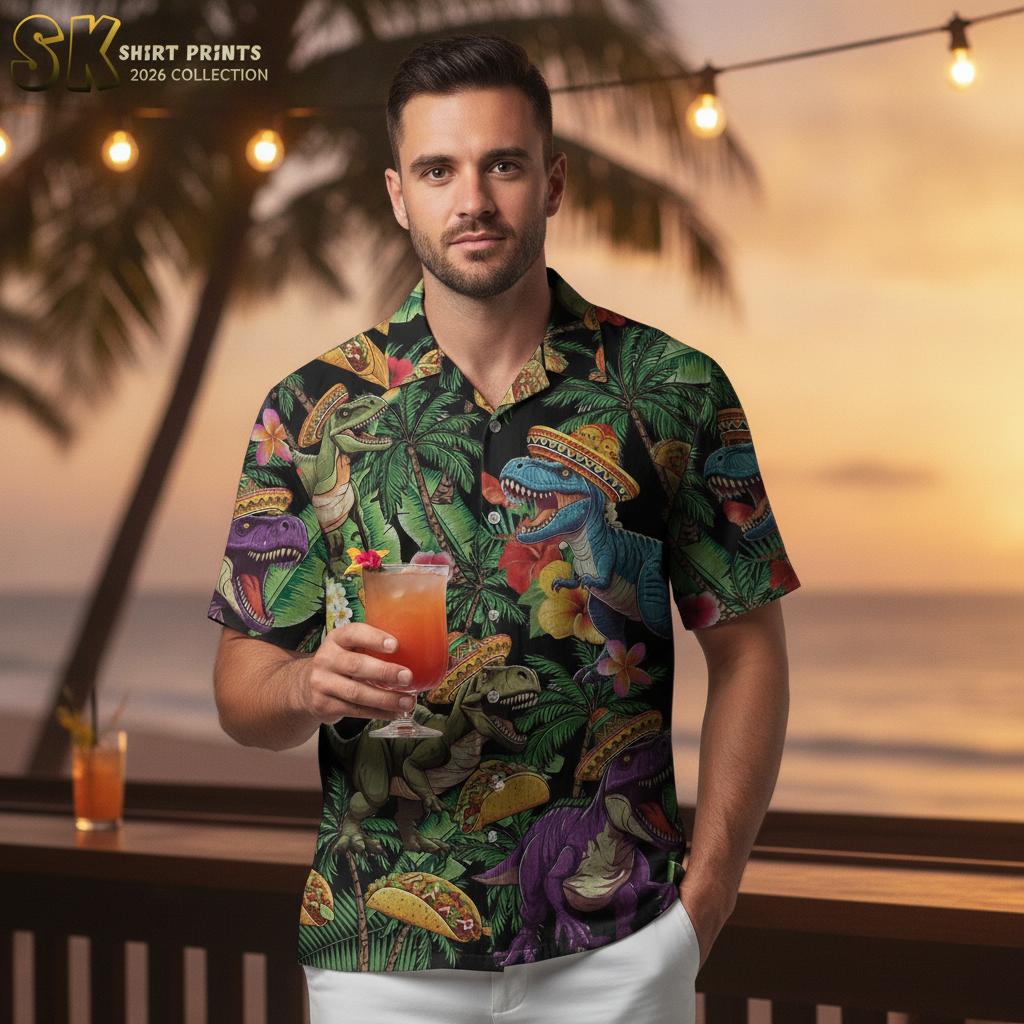 Dinosaur Hawaiian shirt mens button down collection flat lay with tropical and Jurassic prints