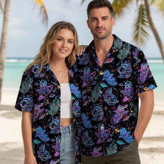 Lightweight Hawaiian shirt with raccoon astronauts in spacesuits printed across a neon galaxy pattern featuring planets, stars, and rockets