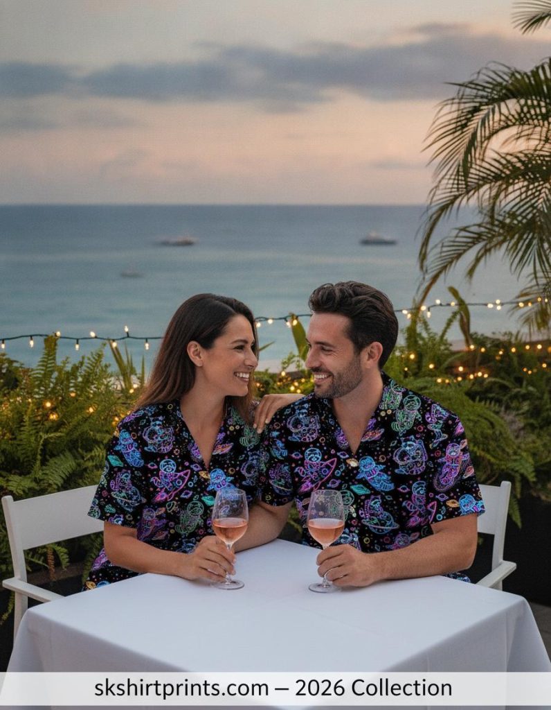 Men wearing galaxy Hawaiian shirts with Star Wars all-over cosmic prints at a sunny outdoor gathering