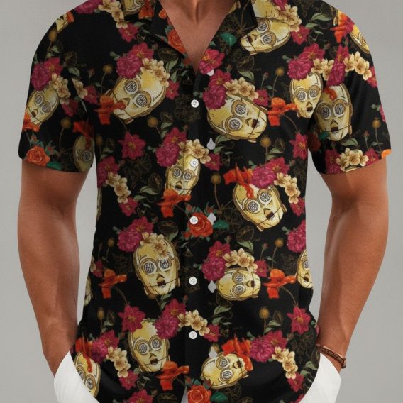 Galaxy Hawaiian shirt with yellow robot skull motifs and colorful floral print on a black background