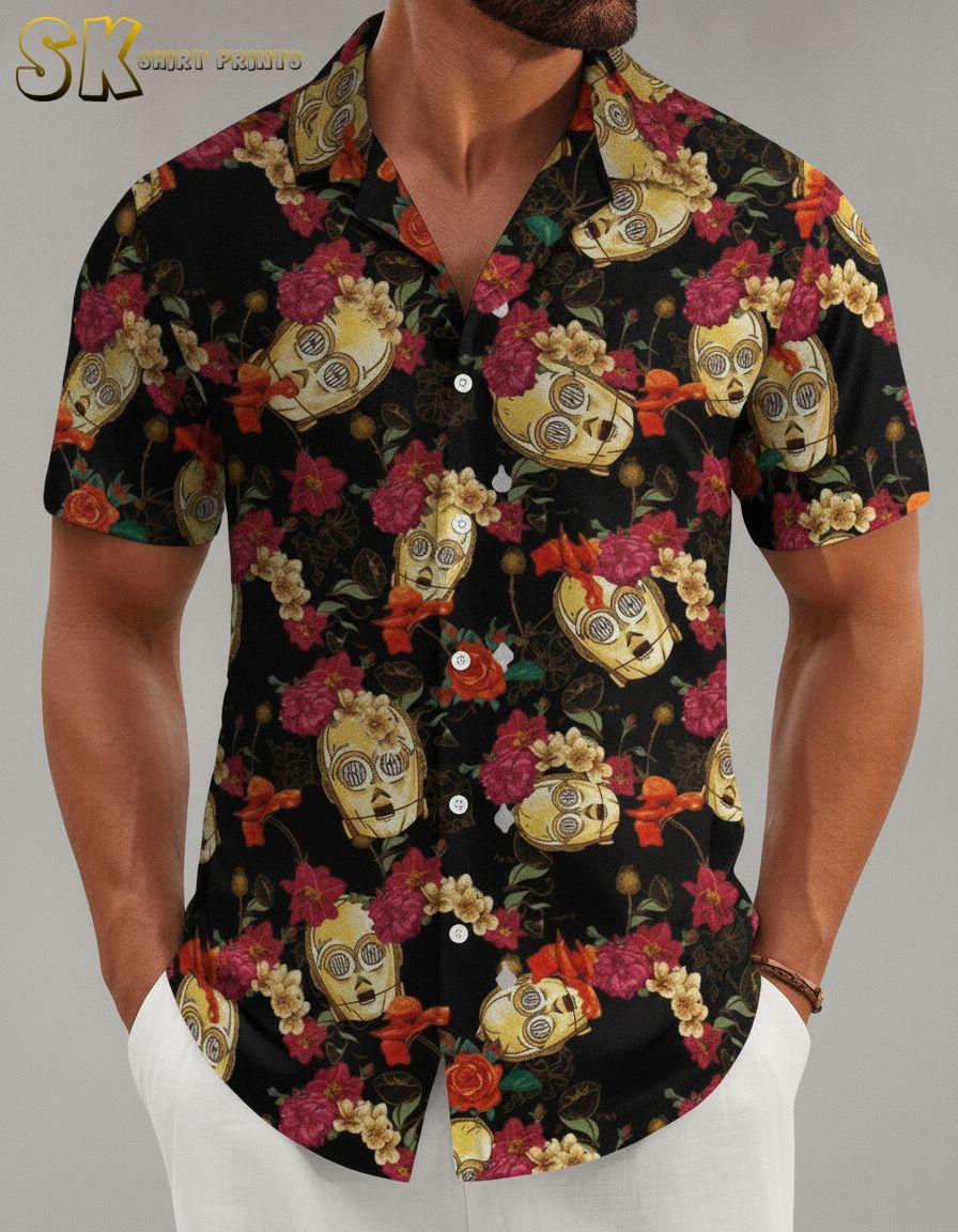 Galaxy Hawaiian shirt with yellow robot skull motifs and colorful floral print on a black background