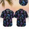 Galaxy Hawaiian shirt featuring neon raccoon astronauts in spacesuits floating among planets and stars on a cosmic patterned background