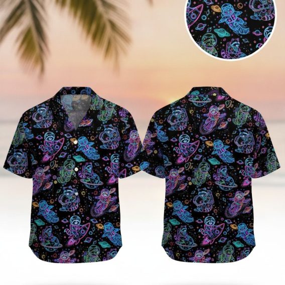 Galaxy Hawaiian shirt featuring neon raccoon astronauts in spacesuits floating among planets and stars on a cosmic patterned background