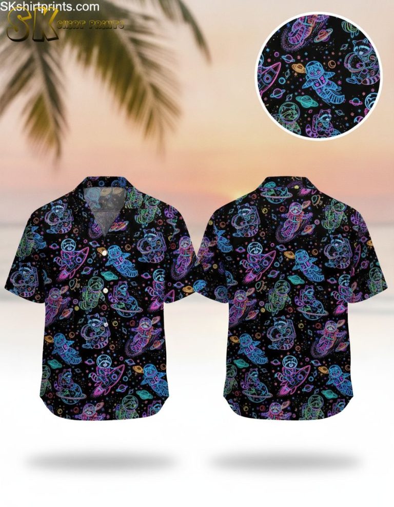 Galaxy Hawaiian Shirt Men Raccoon Astronaut Space Cosmic Button Down Aloha Shirt