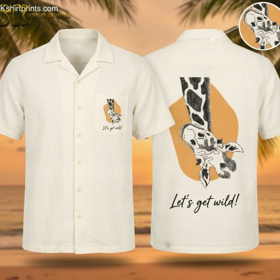 Hawaiian shirt with sketched giraffe print on an orange background and Let's Get Wild text on the pocket