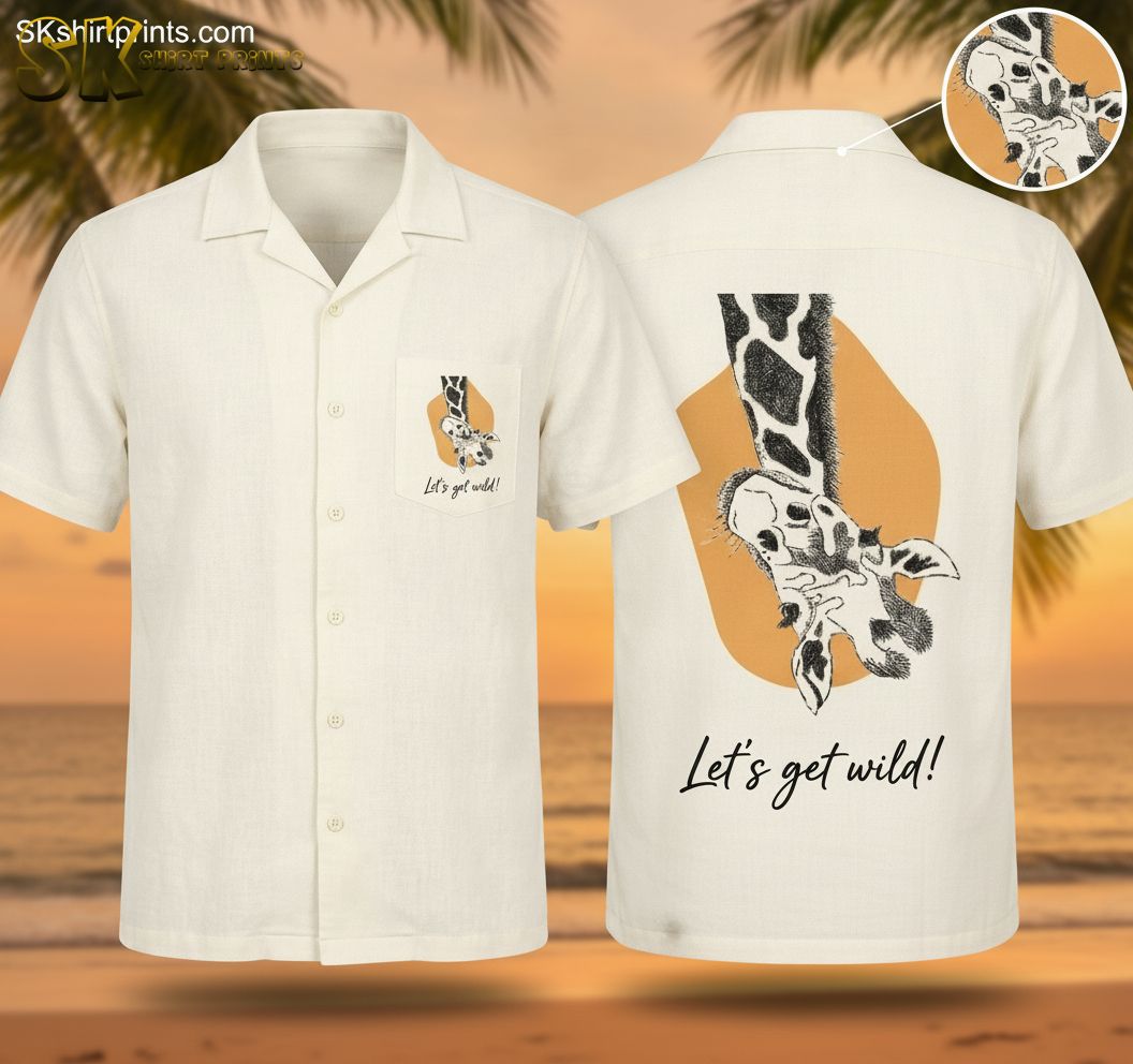 Hawaiian shirt with sketched giraffe print on an orange background and Let's Get Wild text on the pocket