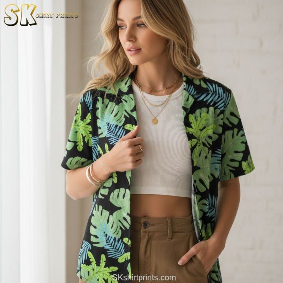 Green aloha shirt displaying monstera leaves and blue palm fronds in tropical pattern