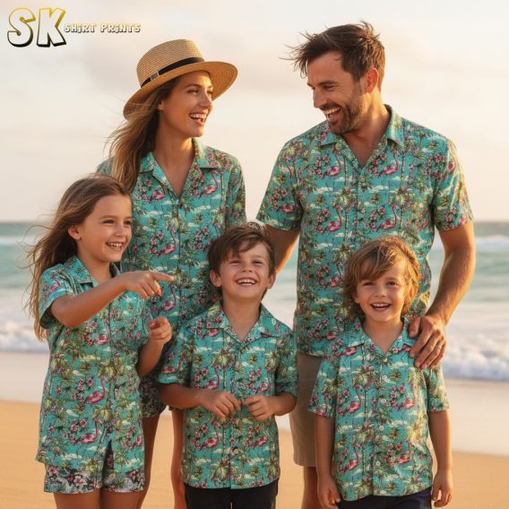 Green aloha shirt featuring pink flamingo print with tropical flowers and palm trees