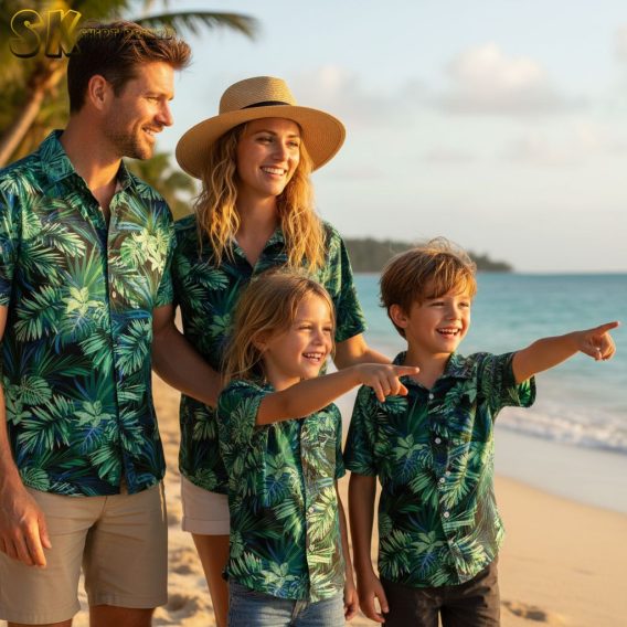 Green aloha shirt featuring overlapping tropical leaves in different green tones with blue accents