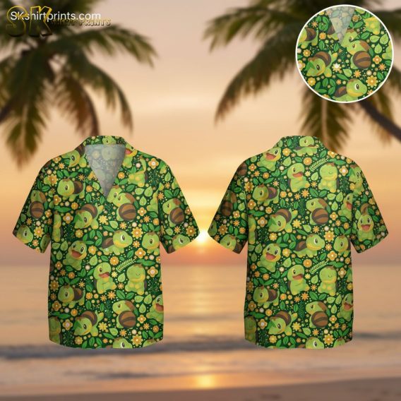 Green and white Hawaiian shirt featuring cartoon turtles, bees, and tropical flowers on dark green background