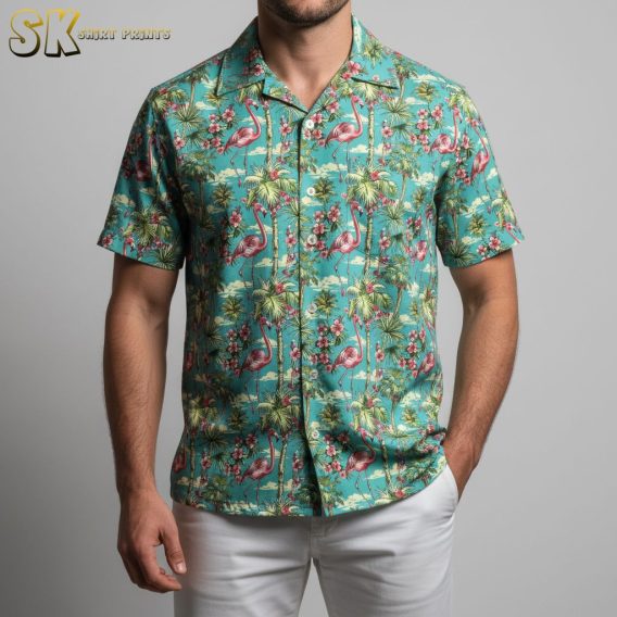Green Hawaiian shirt displaying tropical flamingo and floral pattern with repeating design elements