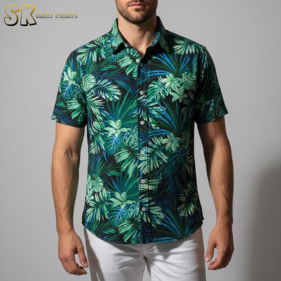 Green Hawaiian shirt displaying tropical leaves arranged in overlapping pattern with blue accents