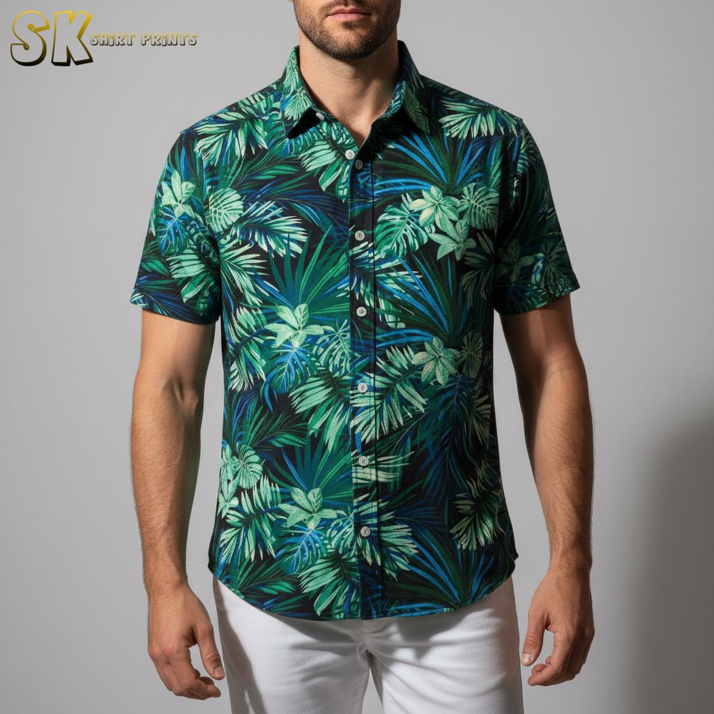Green Hawaiian shirt displaying tropical leaves arranged in overlapping pattern with blue accents
