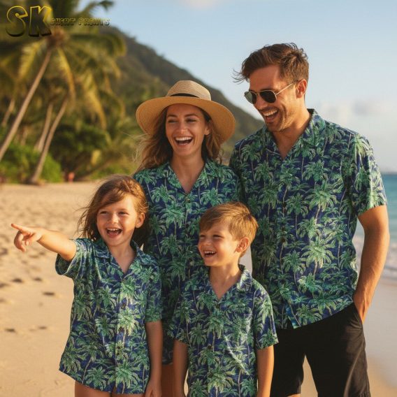 Green hawaiian shirt men featuring dense overlapping palm trees in tropical style